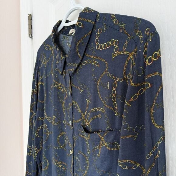 GRAND & GREENE chain print Navy blouse button down shirt adjustable sleeves L @P - Picture 5 of 14